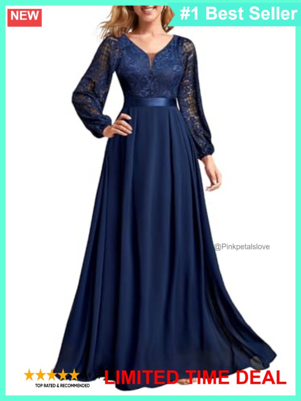 V-Neck Puff Sleeve Satin Waist Lace Chiffon Evening Gown Formal Maxi Dress